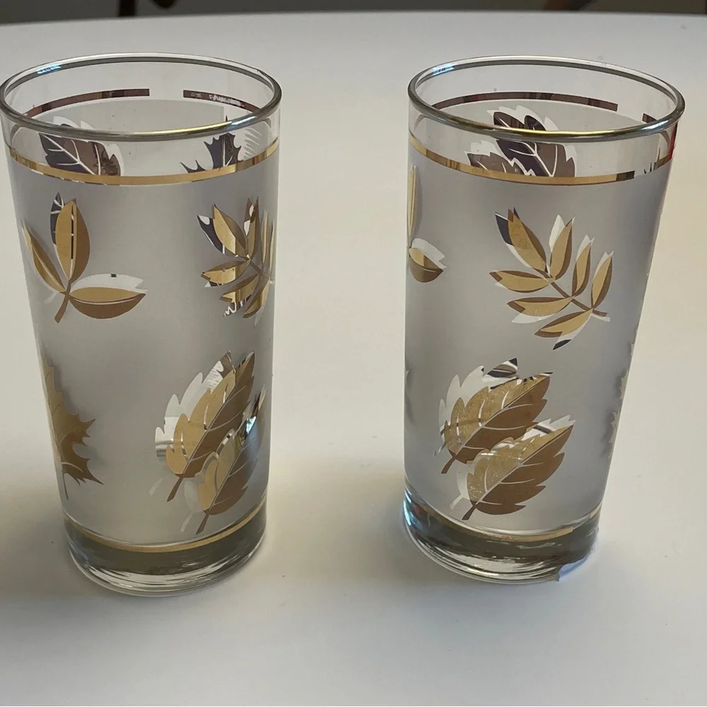 Vintage Libbey Golden Foliage Glassware Set MCM Gold Leaf Ice Bucket 7pc